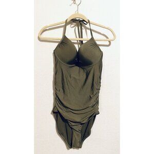 Old Navy Swimsuit Womens Medium Olive Green One Piece Halter Ruched Beachy Boho